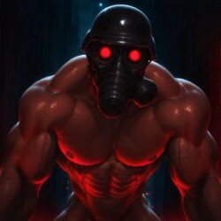 1boy ai_generated alley alleyway gas_mask glowing_eyes helmet helmet_only hunk_(resident_evil) male muscular muscular_male naked naked_male night night_sky nude nude_male penis_outline raining red_eyes resident_evil scary solo