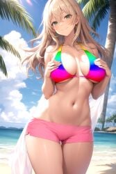 1girl ai-created ai_generated bangs bare_arms bare_shoulders beach bikini bikini_shorts blonde_hair blue_sky blush breasts clavicle cleavage closed_mouth clothing cloud day earrings female female_only green_eyes hands_on_own_chest high_resolution horizon jewelry large_breasts long_hair looking_at_viewer midriff multicolored multicolored_bikini multicolored_clothes multicolored_swimsuit navel ocean original outdoors palm_tree pink_bikini pink_shorts pink_swimsuit portrait rena_aikawa_(pixiv_user) sand shirt short_shorts shorts sky smile solo standing stomach sunlight swimsuit tagme thighs tree water