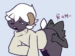 addzthefur anal anal_sex anthro ass big_butt bovid butt_grab caprine clothed clothing duo erection femboy genitals goat hand_on_butt horn lammy_(addzthefur) looking_back looking_pleasured machine male male/male male_licking mammal oral penetration penis protogen rimming sex simple_background tail