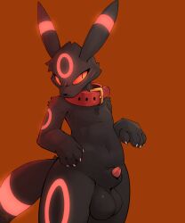 1boy animal_genitalia animal_penis balls black_body black_fur blush canid canine canine_genitalia canine_penis claws collar eeveelution fur generation_2_pokemon genitals hi_res male male_umbreon mammal nintendo penis pokemon pokemon_(species) red_background schizy sheath simple_background solo umbreon