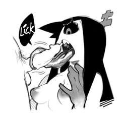 1_eye 5_fingers ata_(anaid) balls big_eyes black_and_white black_hair black_sclera breasts cyclops dialogue duo english_text erection eyelashes female hair hair_ornament hi_res humanoid humanoid_hands humanoid_penis long_hair long_tongue longtailclops male monochrome monster_girl_(genre) multicolored_skin nipples noseless open_mouth oral penis pubes sex sharp_teeth small_breasts speech_bubble straight tailclops_(species) talez01 teeth text tongue tongue_out tonguejob two_tone_skin