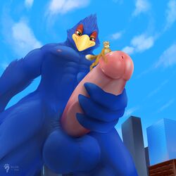 avian blurthefur canine city erection falco_lombardi fox looking_down looming low-angle_view macro male male_only mammal masturbation nintendo penis star_fox video_games