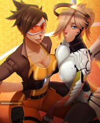 2girls blizzard_entertainment blonde_hair cleavage clothed clothes clothing costume freckles glasses kittypuddin looking_at_viewer mercy multiple_girls overwatch patreon_username short_hair sillygirl sinner tongue tongue_out tracer