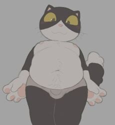4_fingers :3 anthro belly big_eyes black_body black_fur body_hair briefs briefs_only bulge cafongterua closed_smile clothed clothing detailed_bulge digital_media_(artwork) dipstick_tail domestic_cat drawpile_(artwork) felid feline felis fingers flat_colors front_view fur gloves_(marking) grey_background grey_briefs grey_clothing grey_underwear happy happy_trail looking_at_viewer male male_only mammal markings moobs mouth_closed multicolored_body multicolored_fur navel nipples overweight overweight_anthro overweight_male pawpads pink_nipples pink_nose pink_pawpads portrait raised_tail rufuta_hachitani simple_background smile solo solo_male standing tail tail_markings thick_thighs three-quarter_portrait topless tuxedo_cat two_tone_body two_tone_fur underwear underwear_only whiskers white_body white_fur working_buddies! yellow_sclera