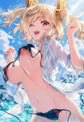 ai_generated almost_naked bikini_bottom_removed bikini_top_removed burnice_white cloudy_sky happy_female nipples one_eye_closed raaicave sky_background zenless_zone_zero
