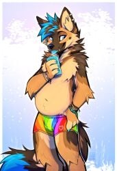 4_fingers anthro belly biped blue_eyes blue_tongue bracelet bulge canid canine canis clothed clothing detailed_bulge domestic_dog ear_piercing featureless_chest fingers fur german_shepherd hand_on_hip herding_dog holding_object jewelry kitakettu_(artist) looking_at_viewer male male_anthro male_only mammal multicolored_body multicolored_clothing multicolored_fur multicolored_underwear navel overweight overweight_male pastoral_dog piercing rainbow_clothing rainbow_underwear simple_background solo solo_male tail tongue tongue_out underwear underwear_only xavu_(kitakettu)