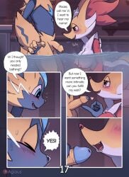 2025 agious anthro attempted_blowjob bathing bathroom bodily_fluids breasts canid canine comic delphox dialogue digital_drawing_(artwork) digital_media_(artwork) english_text fangs feet felid feline fellatio female fur generation_6_pokemon generation_7_pokemon genitals headgear heart_symbol hi_res legendary_pokemon male mammal medium_breasts motion_lines nintendo nipples oral penile penis pink_nipples pokemon pokemon_(species) pokemorph sex shaded shaded_background teeth text thick_thighs tongue veyneria_(agious) wall_(structure) water white_body white_fur wide_hips zeraora