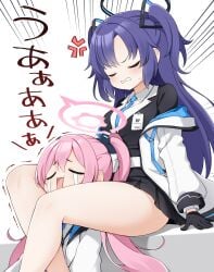 2girls anger_vein black_gloves black_jacket black_skirt blue_archive blue_necktie breasts catfight clenched_teeth closed_eyes collared_shirt crying double-parted_bangs emphasis_lines feet_out_of_frame female gloves halo highres id_card jacket koyuki_(blue_archive) large_breasts long_hair long_sleeves mechanical_halo multiple_girls necktie oerba_yun_fang off_shoulder open_mouth pink_halo pleated_skirt purple_hair scissorhold shirt simple_background sitting skin_fang skirt suwa_yasai sweatdrop teeth thighs trembling twintails two-sided_fabric two-sided_jacket two_side_up upper_body v-shaped_eyebrows white_background white_jacket white_shirt wrestling yuuka_(blue_archive)
