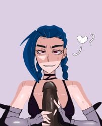 arcane arcane_jinx azazelinp black_gloves black_penis blue_hair crazy_eyes dark-skinned_male flirty interracial jinx_(league_of_legends) long_hair pink_eyes sultry_eyes sultry_gaze teasing twintails yandere