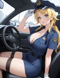 ai_generated bangs belt blonde_hair blue_eyes blue_shirt blue_skirt car cleavage collarbone fishnet_thighhighs hachimiya_meguru hair_ornament large_breasts long_hair looking_at_viewer low_twintails open_mouth police_hat police_uniform policewoman short_sleeves sitting thighhighs thighs white_gloves