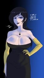 big_breasts black_dress black_eyebrows black_hair black_lipstick blue_background blue_eyes breasts cleavage console-tan dialogue female gradient_background gummidx hairless_armpits hand_on_waist huge_breasts large_breasts long_sleeves low_cut_dress milf necklace neo_geo-tan no_background oc original original_character raven_hair sidelighting smile
