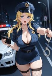 ai_generated bangs belt black_bra blonde_hair blue_eyes blue_shirt blue_skirt bra bra_peek car cleavage collarbone collared_shirt fishnet_thighhighs ground_vehicle hachimiya_meguru handcuffs holding large_breasts long_hair looking_at_viewer low_twintails miniskirt night open_mouth outdoors police_hat police_uniform policewoman short_sleeves skindentation skirt standing thighhighs thighs underwear v-shaped_eyebrows