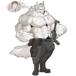 abs absurd_res anthro big_bulge big_muscles big_pecs blush body_hair brown_hair bulge canid canine canis chan_kiti_chan_(artist) chest_hair chest_scar clothed clothing ear_piercing facial_scar family father father_and_child father_and_son fur grey_body grey_fur group gun hair heart_symbol hi_res huge_muscles huge_pecs human human_on_anthro interspecies male male/male mammal military military_uniform muscular muscular_anthro muscular_male parent parent_and_child parent_and_son pecs piercing pubes ranged_weapon rifle romantic romantic_couple scar son topless topless_male uniform weapon wolf