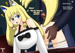 1boy 1girls black_hoodie black_penis black_skin blonde_female blonde_hair blue_eyes blue_pants comic comic_page comic_panel english_dialogue english_text female grabbing_from_behind grabbing_hips grey_eyes heterochromia male original_character panties_down penis pixiv_username skirt_down star_eyes tony_x_play tonyxplay white_shirt white_skin wolf_ears wolf_tail zatori_rau