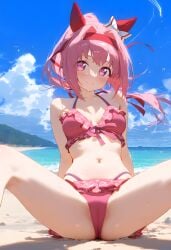 ai_generated animal_ears bandana beach bikini_bottom breasts female frilled_bikini haru_urara_(umamusume) looking_at_viewer pink_hair ponytail small_breasts spread_legs umamusume umamusume_pretty_derby white_ribbon