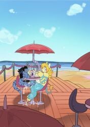 2022 anthro banana beach big_penis black_hair black_horn black_penis blonde_mane blue_body blue_fur blue_penis blue_scales blue_sky blush chair clip_studio_paint_(artwork) cloud day detailed_background digital_drawing_(artwork) digital_media_(artwork) digitigrade domestic_pig drinking drinking_straw duo eating eating_food erection eye_contact feet food foot_fetish foot_play footjob fruit fur furniture genital_piercing genitals hair hi_res hooves horn huge_cock humanoid_genitalia humanoid_penis ice_cream_sundae kobold long_hair looking_at_another male male/male mammal mane martindosent notched_ear nude on_chair outside parasol penis penis_piercing piercing pink_blush pink_nose plant sand scales scalie sea sex shaded silly_straw sitting sitting_at_table sitting_on_chair size_difference sky smile snout suid suine sus_(pig) table tail tail_tuft tuft under_table_footjob unguligrade water yellow_body yellow_eyes yellow_fur yellow_hooves