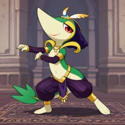 bedroom_eyes dancer dancing feral generation_5_pokemon harem_outfit jewelry lipstick pokemon pokemon_(species) red_eyes seductive_look sex_slave slave snake_girl snivy