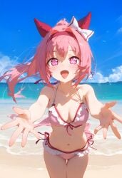 ai_generated animal_ears bandana beach female frilled_bikini haru_urara_(umamusume) looking_at_viewer pink_hair ponytail small_breasts umamusume umamusume_pretty_derby white_ribbon