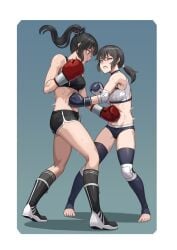 2girls aqua_background black_boots black_hair black_shorts black_sports_bra black_thighhighs blue_gloves boots boxing boxing_gloves catfight dolphin_shorts female fighting gloves gradient_background high_ponytail highres long_hair micro_shorts mouth_guard multiple_girls original ponytail punching red_gloves ryona shorts sports_bra squinting stirrup_legwear stomach_punch thighhighs toeless_legwear toes twitching white_sports_bra yan_(situyan0303)