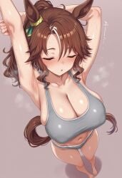 ai_generated animal_ears blue_eyes brown_hair female gyaru horse_girl long_hair mejiro_palmer_(umamusume) ponytail stretching two_tone_hair umamusume workout_clothes