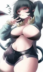 1girls black_shorts black_thighhighs blush breasts cleavage female jane_doe_(zenless_zone_zero) large_breasts looking_at_viewer naxless one_arm_up short_hair shorts simple_background solo solo_female solo_focus tail thighhighs v v_sign white_background zenless_zone_zero