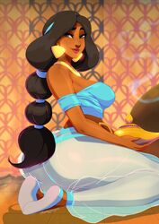 1girls aladdin alternate_breast_size arabian arched_back armpits ass baggy_pants bare_shoulders black_hair braid breasts brown_eyes clothes crop_top dark-skinned_female dark_skin disney disney_princess earrings feet female female_only from_side full_body harem_outfit highres holding huge_ass jewelry kneeling large_breast lips long_hair looking_at_viewer looking_back magic_lamp midriff pants princess_jasmine see-through shoes sideboob signature sitting smile smoke solo text thick_thighs tovio_rogers very_long_hair watermark wide_hips