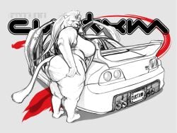 angry anthro ass band1tnsfw big_breasts big_butt breasts butt_grab clothing digital_drawing_(artwork) digital_media_(artwork) felid female female_anthro hair hand_on_butt hi_res huge_breasts huge_butt license_plate lion long_hair long_tail looking_at_viewer looking_back mammal mane nissan nissan_skyline one-piece_swimsuit overweight overweight_anthro overweight_female pantherine sketch sling_bikini solo swimwear tail thick_thighs whiskers wide_hipped_anthro wide_hipped_female wide_hips