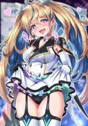 aroused beethoven,_heavenly_zenith_of_"senki" breasts cameltoe duel_masters female full-face_blush fully_clothed gijinka heart heavy_breathing in_heat large_breasts naughty_face panties personification skirt_lift thighhighs tongue_out