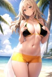 1girl ai-created ai_generated bangs bare_arms bare_shoulders beach bikini bikini_shorts black_bikini black_swimsuit blonde_hair blue_sky blush breasts cameltoe clavicle cleavage closed_mouth clothing cloud day female female_only green_eyes hair_between_eyes halterneck high_resolution horizon large_breasts long_hair looking_at_viewer midriff navel ocean original outdoors palm_tree portrait rena_aikawa_(pixiv_user) sand shore short_shorts shorts skindentation sky smile solo standing stomach sunlight swimsuit tagme thigh_gap thighs tree water wet yellow_shorts