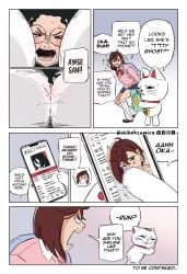 ayase_momo between_breasts big_breasts blackmail breasts brown_hair comic dandadan glasses hasshaku-sama huge_breasts implied_fellatio large_breasts ok_bah_comics takakura_ken_(okarun) turbo_granny_(dandadan)