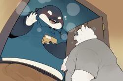 2025 anthro bear black_body blush bottomwear bulge cetacean clothing delivery_(commerce) delivery_employee detailed_bulge dolphin duo genital_outline kemono male mammal marine oceanic_dolphin orca overweight overweight_male pants penis_outline polar_bear quanjiang shirt surprised toothed_whale topwear ursine white_body