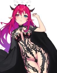 1girls blue_eye breasts cape chronopattern_dress dasdokter dress female female_only hololive hololive_english hololive_english_-promise- horns irys_(hololive) light-skinned_female light_skin medium_breasts meme_attire pink_eye pink_hair pointy_ears simple_background solo virtual_youtuber white_background