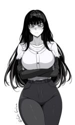 1girls chainsaw_man crossed_arms female gloves huge_brests long_hair looking_at_viewer monochrome ringed_eyes sfw signature solo solo_female solo_focus tagme tight_clothing yoru_(chainsaw_man)