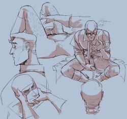 2boys bara barazoku big_pecs blowjob bukkake chest_hair deepthroat disembodied_head fondling_pecs garter_straps gay glasses leg_hair male male_only masturbation medic_(team_fortress_2) monochrome older_male oral oral_sex panting partially_dressed self_fondle shpendix sock_garters spy_(team_fortress_2) team_fortress_2 yaoi