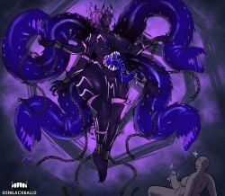 1boy 1girls 6_eyes anon chain_leash chains eldritch_abomination eldritch_horror female femdom horns larger_female male monster monster_girl multi_eye scared sharp_teeth stomach_mouth taller_girl zeblackballd_(artist)