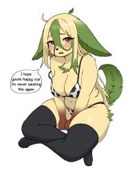 animal_print animal_print_bikini anthro big_breasts bikini black_nose blush bra_strap breasts chest_tuft clothed clothing cow_print cow_print_bikini dialogue dipstick_limbs eeveelution embarrassed fan_character female footwear fur generation_4_pokemon green_body hi_res high-angle_view ivy_(azuu) leafeon legwear looking_at_viewer looking_up looking_up_at_viewer multicolored_body multicolored_fur nintendo off_shoulder pattern_bikini pattern_clothing pattern_swimwear pokemon pokemon_(species) pokemorph pupils red_eyes shy slightly_chubby slightly_chubby_anthro slightly_chubby_female slit_pupils socks solo speech_bubble stockings swimwear tail talking_to_viewer thick_thighs thigh_highs tsunoart tuft two-piece_swimsuit wide_hips yellow_body