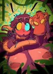 1girls asphyxiation big_breasts breasts brown_hair choking coiling coils djuuicebox hypnosis kaa nude original_character snake wrapped