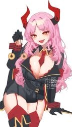 1girls artist_name blue_archive breasts cleavage fangs female female_only golden_eyes horns hypnosis hypnotic_accessory hypnotizing_viewer large_breasts long_hair looking_at_viewer mind_control pendulum pink_hair satsuki_(blue_archive) swinging_pendulum tagme weiic white_background zettai_ryouiki
