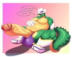 agares_(kings_of_hell) alligator alligatorid anthro balls belly big_balls big_penis boots brick_break_after_dark clothing cowboy_boots cowboy_hat crocodilian english_text erection footwear genitals gloves handwear hat headgear headwear hi_res huge_balls huge_cock hyper hyper_balls hyper_genitalia hyper_penis kings_of_hell male overweight penis reptile scalie shoes solo spurs text vein veiny_penis