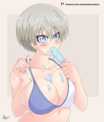 big_breasts bikini blue_eyes bra bra_strap_pull breasts breasts_bigger_than_head chrissursilversoul female huge_breasts popsicle popsicle_in_mouth popsicle_melting simple_background strap_pull uzaki-chan_wa_asobitai! uzaki_hana white_hair wide_hips