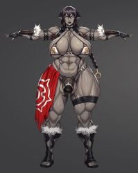 1futa abs armband balls bare_shoulders big_breasts black_hair boots breasts bulge bulge_through_clothing busty cleavage clothed clothing curvy eyelashes fingerless_gloves flaccid front_view futa_only futanari gloves hourglass_figure huge_breasts humanoid intersex long_hair looking_at_viewer muscles muscular muscular_futanari original_character pointy_ears pose posing saxwakuy shiny shiny_skin simple_background solo spread_legs spreading standing thick_thighs thong thong_bulge underboob voluptuous wide_hips yellow_eyes