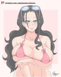 arms_under_breasts big_breasts black_hair bra breasts breasts_bigger_than_head chrissursilversoul clothing female female_only glasses_on_head huge_breasts nico_robin nipple_bulge one_piece