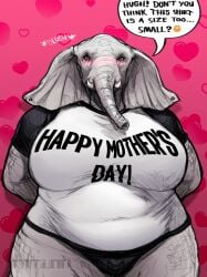 absurd_res anthro band1tnsfw belly big_breasts black_clothing black_panties black_underwear blush breasts brown_eyes clothing ear_piercing elephant elephantid eyelashes eyeshadow female grey_body grey_skin hi_res huge_breasts jodie_hughes_(band1tnsfw) long_eyelashes makeup mammal mature_anthro mature_female overweight overweight_anthro overweight_female panties piercing proboscidean shirt simple_background solo speech_bubble t-shirt text text_on_clothing text_on_shirt text_on_topwear thick_thighs topwear tusks underwear wide_hipped_anthro wide_hipped_female wide_hips