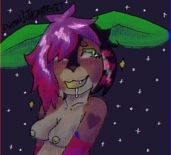 2025 :3 andromorph anthro blush blush_lines bodily_fluids breasts canid canine canis cute_fangs diesel_(jackrabbit) digital_media_(artwork) digital_painting_(artwork) domestic_dog drooling fangs glistening glistening_eyes hi_res husky hybrid intersex jackrabbit_(artist) lagomorph leporid mammal nipples nonbinary_(lore) nordic_sled_dog open_mouth painting_(artwork) rabbit saliva shaded smile solo sparklefur spitz teeth trans_(lore) trans_man_(lore)