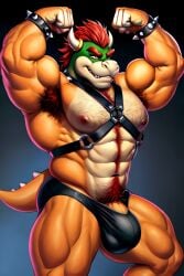 ai_generated ai_upscaled armpit_hair armpits barely_contained_penis big_bulge black_underwear bowser bulge hairy hairy_chest harness male male_only mario_(series) muscular muscular_male nintendo nipples penis_base pubes red_armpit_hair red_chest_hair red_pubes spiked_bracelet super_mario_bros. tail underwear