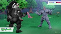 2022 3d_(artwork) 5_fingers 5_toes anthro arm_tuft back_muscles balls barazoku big_nipples big_pecs black_body black_fur black_mohawk black_nose blue_body blue_skin blush bodily_fluids circumcised clothing digital_media_(artwork) duo elbow_tuft embarrased_horny english_description english_text erection feet fingers fur gameplay_mechanics generation_1_pokemon generation_8_pokemon genital_fluids genitals hi_res holding_clothing holding_object holding_underwear humanoid humanoid_genitalia humanoid_penis leaking_precum machoke male muscular muscular_anthro muscular_arms muscular_humanoid muscular_legs muscular_male nintendo nipples nude_anthro nude_humanoid nude_male obstagoon open_mouth outside pecs penis pink_clothing pink_thong pink_underwear plant pokemon pokemon_(species) precum precum_string red_eyes sharp_teeth standing teeth text thong toes tongue tongue_out tree tuft underwear zhecklar
