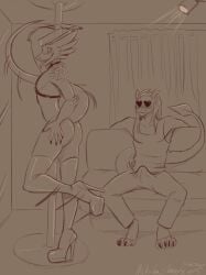 aleksikashvets andromorph andromorph_anthro anthro ass bald belt blush blush_lines boots bottomwear bulge butt_focus ceiling ceiling_lamp claws clothed clothed_male clothing curtains denim denim_bottomwear denim_clothing detailed_bulge dragon dragon_ears dragon_tail drayk_dagger duo erection_through_clothing floor footwear front_view furniture genital_outline half_naked hand_on_butt heart_eyes heart_symbol hi_res high-heeled_shoes high_heels inside intersex intersex/male intersex_anthro jeans lamp lizard lizard_tail long_tail male male_anthro medium_hair mythological_creature mythological_scalie mythology nails nude_intersex on_sofa pants penis_outline pole raised_hand raised_leg raised_tail reptile scales scalie scaly_tail shirt shoes shurian side_view simple_background sitting sitting_on_sofa sofa standing stripper_pole striptease tail topwear undressing wall_(structure)