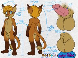 2025 animal_genitalia anthro balls blue_eyes canid canine ear_tuft english_text erection felid front_view fully_sheathed genitals hi_res hybrid knot male mammal model_sheet multiple_poses nude nude_anthro pose rear_view sheath smile standing tail tail_tuft text tuft zephyrpanthur
