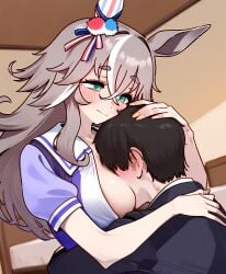 ai_generated animal_ears cleavage emerald_eyes female grey_hair hair_between_eyes hair_ornament horse_girl long_hair perm tracen_school_uniform umamusume umamusume_pretty_derby wonder_acute_(umamusume)