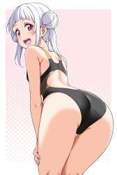 arashi_chisato ass ass_focus back back_view bare_arms bare_legs bare_shoulders bare_thighs bent_over blush competition_swimsuit double_bun hair_bun hands_on_own_thighs long_hair love_live! love_live!_superstar!! nail_polish one-piece_swimsuit parted_lips pink_nails red_eyes small_breasts smile swimsuit thighs white_hair yopparai_oni